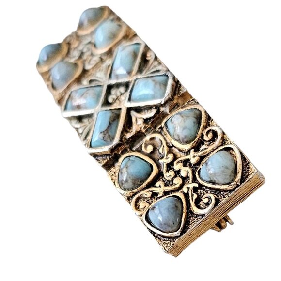 P&M Paris Gold Tone Blue Venetian Style Glass Cabochon Panel Bar Brooch, L254 - Picture 3 of 9